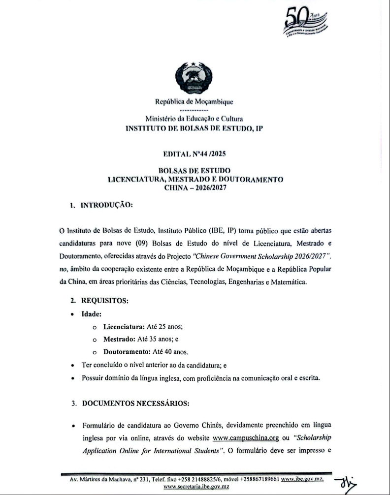 Bolsas CGS China 2026/2027: Licenciatura, Mestrado e Doutoramento para Estudantes Moçambicanos